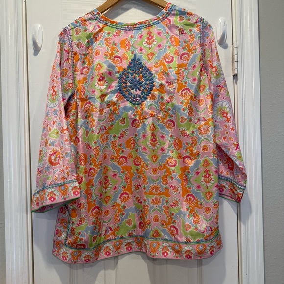 Gretchen Scott Silk Hand Embroidered Tunic Watteau Women’s L  Boho Colorful Top - Picture 4 of 10